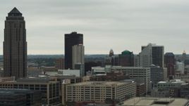 5.7K aerial stock footage flyby and away from skyscraper and office buildings in Downtown Des Moines, Iowa Aerial Stock Footage | DX0002_167_014