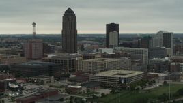 5.7K aerial stock footage focus on a towering skyscraper and office buildings in Downtown Des Moines, Iowa Aerial Stock Footage | DX0002_167_020