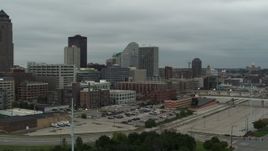 5.7K aerial stock footage approach and flyby office buildings near the skyscraper in Downtown Des Moines, Iowa, view of capitol Aerial Stock Footage | DX0002_167_029