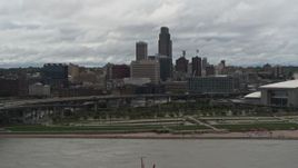 5.7K aerial stock footage of the city skyline, seen from the river, Downtown Omaha, Nebraska Aerial Stock Footage | DX0002_168_016