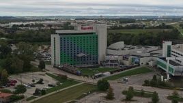 5.7K aerial stock footage orbit and reverse view of the hotel and casino in Council Bluffs, Iowa Aerial Stock Footage | DX0002_169_037