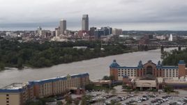 5.7K aerial stock footage of the city's skyline seen from across the Missouri River, Downtown Omaha, Nebraska Aerial Stock Footage | DX0002_170_001