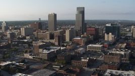 5.7K aerial stock footage slow orbit of the city's tall skyscrapers in Downtown Omaha, Nebraska Aerial Stock Footage | DX0002_170_041