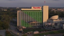 5.7K aerial stock footage approaching the hotel and casino at sunset in Council Bluffs, Iowa Aerial Stock Footage | DX0002_172_022