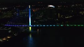 5.7K aerial stock footage of orbiting the end of a pedestrian bridge spanning the Missouri River at night, Omaha, Nebraska Aerial Stock Footage | DX0002_173_021