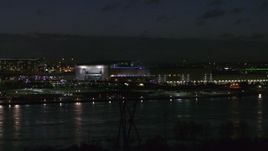 5.7K aerial stock footage orbit arena and convention center complex at night, Downtown Omaha, Nebraska Aerial Stock Footage | DX0002_173_028