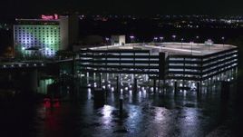 5.7K aerial stock footage orbit a parking garage and reveal the hotel and casino at night in Council Bluffs, Iowa Aerial Stock Footage | DX0002_173_045