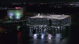 5.7K aerial stock footage orbit and fly away from parking garage and the hotel and casino at night in Council Bluffs, Iowa Aerial Stock Footage | DX0002_173_046