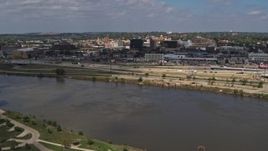5.7K aerial stock footage a view of Downtown Sioux City, Iowa from across the river Aerial Stock Footage | DX0002_174_020