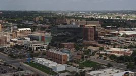 5.7K aerial stock footage of office buildings and Ho-Chunk Centre, Downtown Sioux City, Iowa Aerial Stock Footage | DX0002_175_003