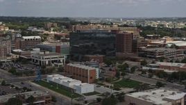 5.7K aerial stock footage of Ho-Chunk Centre and nearby office buildings, Downtown Sioux City, Iowa Aerial Stock Footage | DX0002_175_004