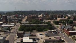5.7K aerial stock footage descend while focused on hospital, Downtown Sioux City, Iowa Aerial Stock Footage | DX0002_175_017