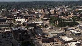 5.7K aerial stock footage passing the downtown area of the city, approach hospital, Downtown Sioux City, Iowa Aerial Stock Footage | DX0002_175_030