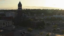 5.7K aerial stock footage stationary view of Old Courthouse Museum at sunset in Downtown Sioux Falls, South Dakota Aerial Stock Footage | DX0002_176_026