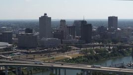5.7K aerial stock footage stationary view of the city's skyline seen from a bridge in Downtown Memphis, Tennessee Aerial Stock Footage | DX0002_177_002