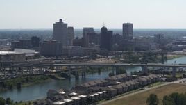 5.7K aerial stock footage of the city's skyline and bridge spanning the river in Downtown Memphis, Tennessee Aerial Stock Footage | DX0002_177_008