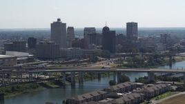 5.7K aerial stock footage a view of the skyline, and bridge spanning the river in Downtown Memphis, Tennessee Aerial Stock Footage | DX0002_177_010