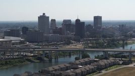 5.7K aerial stock footage of the skyline, and bridge spanning the river in Downtown Memphis, Tennessee Aerial Stock Footage | DX0002_177_011