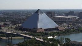 5.7K aerial stock footage of a reverse view of the Memphis Pyramid in Downtown Memphis, Tennessee Aerial Stock Footage | DX0002_177_019