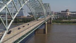5.7K aerial stock footage stationary view of cars crossing the bridge to Memphis, Tennessee Aerial Stock Footage | DX0002_177_026