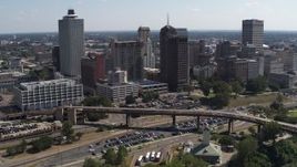 5.7K aerial stock footage reverse view of the skyline from the river in Downtown Memphis, Tennessee Aerial Stock Footage | DX0002_178_002