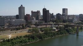 5.7K aerial stock footage view of the skyline from the river in Downtown Memphis, Tennessee during descent Aerial Stock Footage | DX0002_178_003