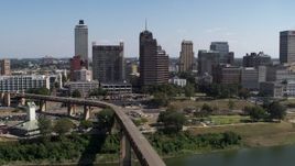 5.7K aerial stock footage of passing office towers in the Downtown Memphis, Tennessee skyline seen from river Aerial Stock Footage | DX0002_178_015