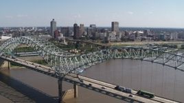 5.7K aerial stock footage descending past bridge while focused on the skyline of Downtown Memphis, Tennessee Aerial Stock Footage | DX0002_178_039