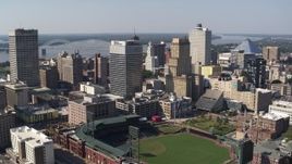 5.7K aerial stock footage of an orbit of two office towers beside the baseball stadium in Downtown Memphis, Tennessee Aerial Stock Footage | DX0002_179_008
