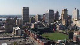 5.7K aerial stock footage descend with view of baseball stadium and high-rise office towers in Downtown Memphis, Tennessee Aerial Stock Footage | DX0002_179_013