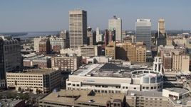 5.7K aerial stock footage flyby and away from high-rise office towers in Downtown Memphis, Tennessee Aerial Stock Footage | DX0002_179_018