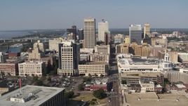 5.7K aerial stock footage ascend over 2nd Street and flyby high-rise office towers in Downtown Memphis, Tennessee Aerial Stock Footage | DX0002_179_021