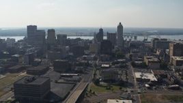 5.7K aerial stock footage of tall high-rise office buildings in the Downtown Memphis, Tennessee skyline Aerial Stock Footage | DX0002_179_036