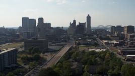 5.7K aerial stock footage of high-rise office buildings in the Downtown Memphis, Tennessee skyline Aerial Stock Footage | DX0002_179_038