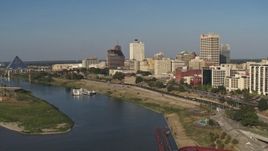 5.7K aerial stock footage of office buildings by Wolf River Harbor, Downtown Memphis, Tennessee Aerial Stock Footage | DX0002_180_020