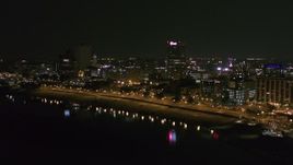 5.7K aerial stock footage approach downtown skyline from the river at night, Downtown Memphis, Tennessee Aerial Stock Footage | DX0002_182_012