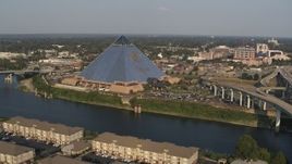 5.7K aerial stock footage of approaching the Memphis Pyramid from bridge, Downtown Memphis, Tennessee Aerial Stock Footage | DX0002_185_020