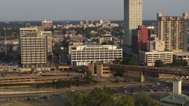 5.7K aerial stock footage of Memphis City Hall at sunset, Downtown Memphis, Tennessee Aerial Stock Footage | DX0002_185_041