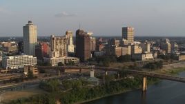 5.7K aerial stock footage orbit downtown skyline at sunset, Downtown Memphis, Tennessee Aerial Stock Footage | DX0002_186_007