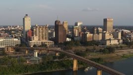 5.7K aerial stock footage orbit downtown skyline at sunset, focus on apartment and office high-rises, Downtown Memphis, Tennessee Aerial Stock Footage | DX0002_186_008