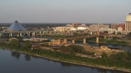 5.7K aerial stock footage orbit and approach museum at sunset, Downtown Memphis, Tennessee Aerial Stock Footage | DX0002_186_013