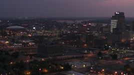 5.7K aerial stock footage of AutoZone Park baseball stadium at twilight, Downtown Memphis, Tennessee Aerial Stock Footage | DX0002_187_015