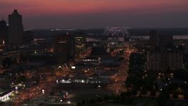 5.7K aerial stock footage a view of lights on the Hernando de Soto Bridge at twilight, Downtown Memphis, Tennessee Aerial Stock Footage | DX0002_187_021