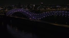 5.7K aerial stock footage orbit the bridge with purple lights at night, reveal Downtown Memphis skyline, Tennessee Aerial Stock Footage | DX0002_187_032