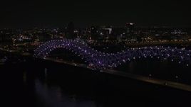 5.7K aerial stock footage a stationary view of the bridge with purple lights and the Downtown Memphis skyline, Tennessee Aerial Stock Footage | DX0002_187_033