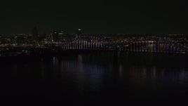 5.7K aerial stock footage stationary view of the skyline behind bridge with colorful lights at night, Downtown Memphis, Tennessee Aerial Stock Footage | DX0002_187_043