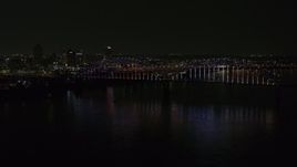 5.7K aerial stock footage stationary view of the skyline and the bridge with colorful lights at night, Downtown Memphis, Tennessee Aerial Stock Footage | DX0002_187_044