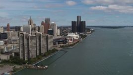 5.7K aerial stock footage of skyline seen from the river, and then approach Downtown Detroit, Michigan Aerial Stock Footage | DX0002_189_002