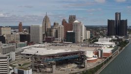 5.7K aerial stock footage of a stationary view of the arena and skyline, Downtown Detroit, Michigan Aerial Stock Footage | DX0002_189_004