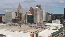 5.7K aerial stock footage a stationary view of the city's skyline, Downtown Detroit, Michigan Aerial Stock Footage | DX0002_189_017